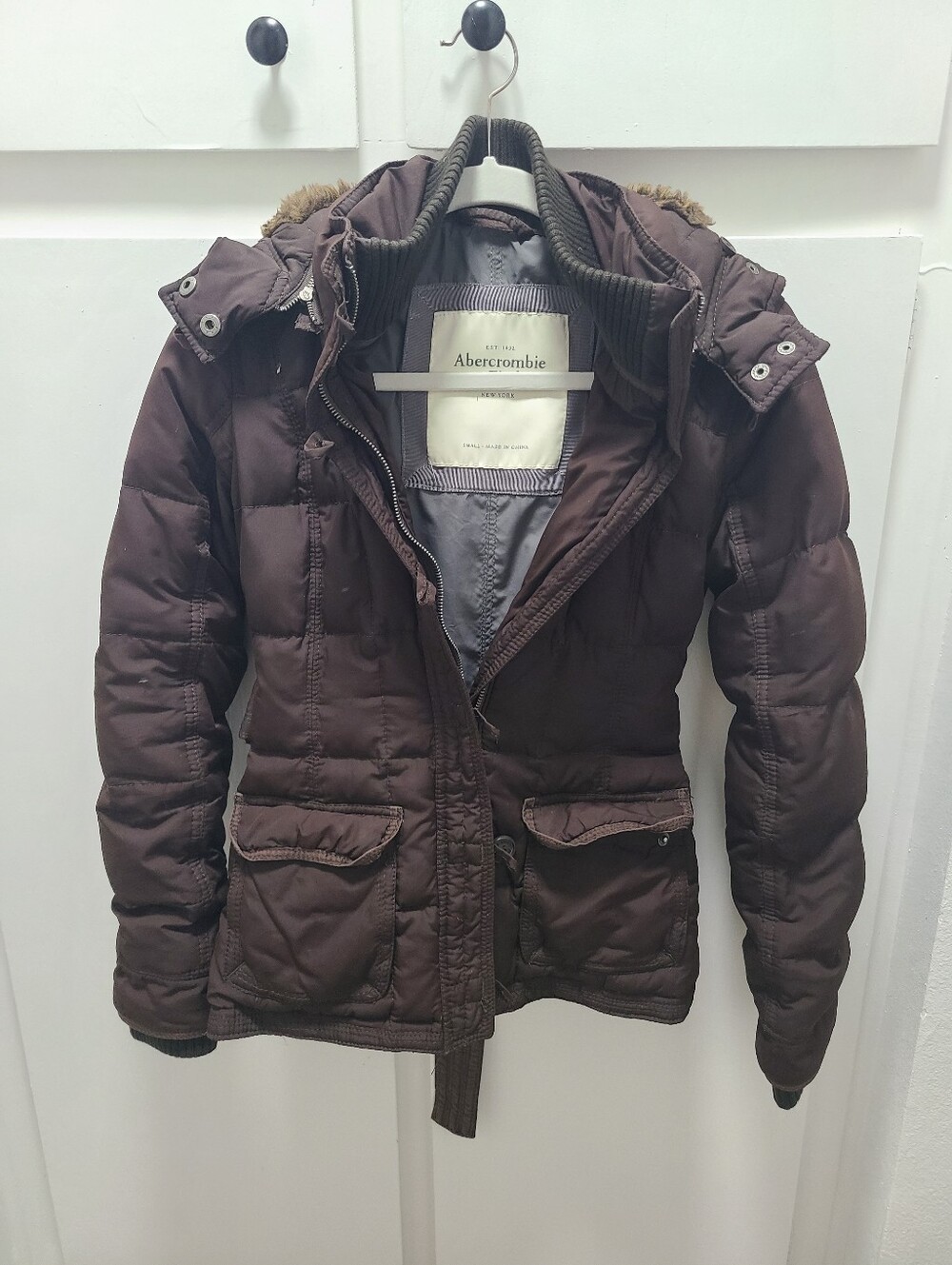 Abercrombie & Fitch Down Filled Brown Faux-Fur Hooded Puffer Jacket -XS Vtg Y2k